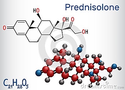 Prednisolone molecule. Is known as a corticosteroid or steroid medication. Structural chemical formula and molecule model Vector Illustration