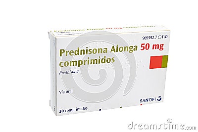 Huelva, Spain - July 23, 2020: Prednisone brand Alonga from Sanofi laboratory. Corticosteroid drugs, including cortisone, Editorial Stock Photo