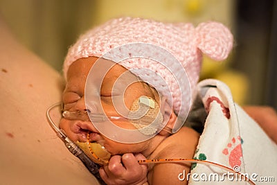 Preemie baby girl enjoying skin to skin with dad Stock Photo