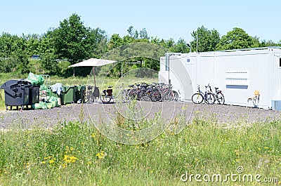 Prefabricated metal housing for workmen on site Stock Photo