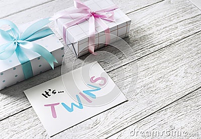 Pregnancy announcement for twins gift boxes Stock Photo