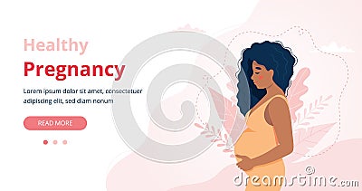 Pregnancy banner, pregnant black woman vector illustration in cute cartoon style Vector Illustration