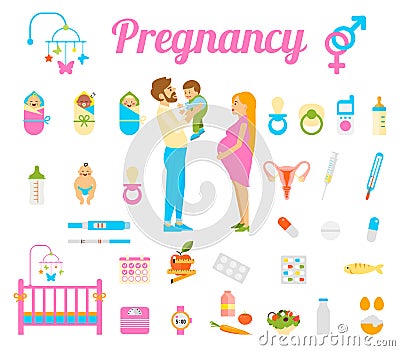 Pregnancy, birth and newborn baby vector icons. Vector Illustration