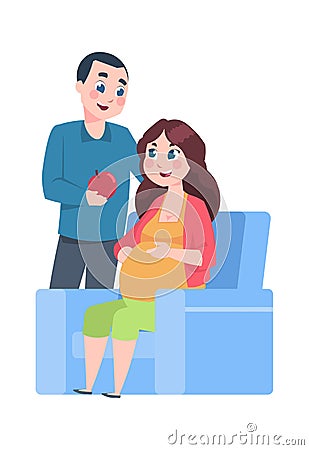 Pregnancy. Cartoon pregnant woman with husband. Happy man giving apple to wife. Isolated young parents expecting birth Vector Illustration