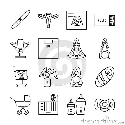 Pregnancy and childbirth line vector icon set. Group of objects about pregnancy and the birth of a baby and Vector Illustration