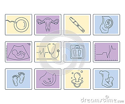 Pregnancy and childbirth. Vector line icons. Vector Illustration