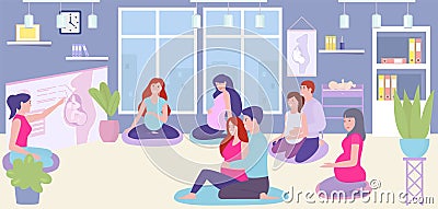 Pregnancy course, vector illustration, pregnant woman character training together at room, partnerhood lesson about flat Vector Illustration