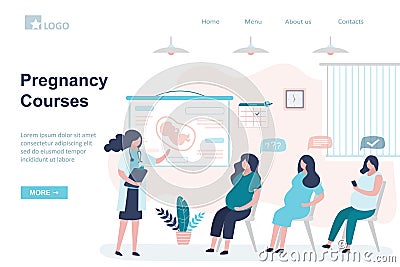 Pregnancy Courses landing page template. Maternity seminar banner. Group of pregnant women and doctor coach Vector Illustration