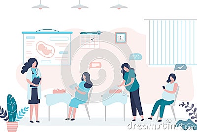 Pregnancy Courses landing page template. Maternity seminar banner. Group of pregnant women and doctor coach Vector Illustration