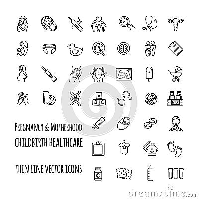 Pregnancy, fertilization and motherhood vector icon set. Gynecology, childbirth healthcare thin line icons set Vector Illustration