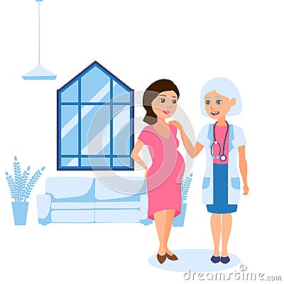 Pregnancy final, consultation with personal obstetrician gynecologist vector illustration. Woman with big tummy talking Vector Illustration