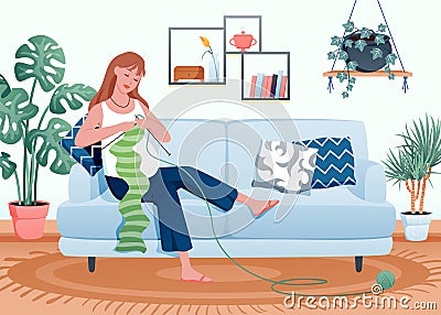 Pregnancy hobby, happy young pregnant woman knitting scarf for child, sitting on sofa Vector Illustration