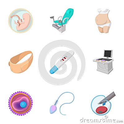 Pregnancy icons set, cartoon style Vector Illustration