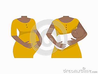 Pregnancy and maternity. Afro american women set. Before and after with baby. Vector illustration Vector Illustration