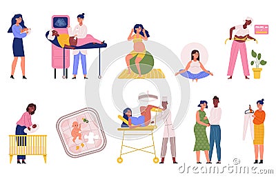 Pregnancy, maternity, childbirth, pregnant woman and newborn baby scenes. Pregnant woman daily activity, newborn baby Vector Illustration