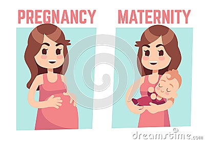 Pregnancy and maternity concept. Young pregnant woman and happy mother with newborn baby. Vector illustration Vector Illustration