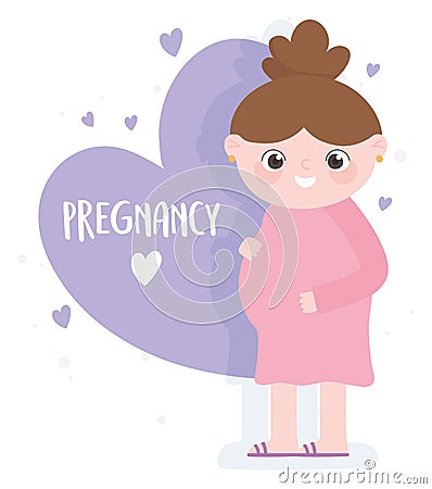 Pregnancy and maternity, cute pregnant woman cartoon, purple love hearts lettering Vector Illustration