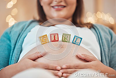 Pregnancy, mother pregnant and building blocks for child gender reveal of girl daughter. Future mom, healthy kid and Stock Photo