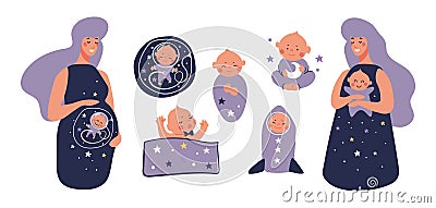 Pregnancy, motherhood, childbirth set of flat isolated illustrations. Pregnant woman, funny newborn baby, boho design Vector Illustration