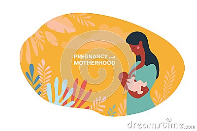 Pregnancy and motherhood. Lactation banner. Afro woman holding a newborn baby in her arms and breastfeeding. Mothers Day. The baby Stock Photo
