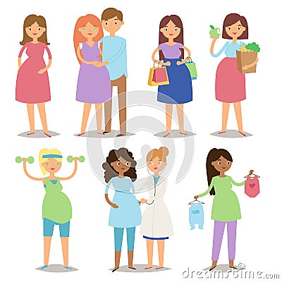 Pregnancy motherhood people and expectation concept happy pregnant woman character life with big belly vector Vector Illustration