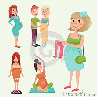 Pregnancy motherhood people expectation concept happy pregnant woman character life with big belly vector illustration Vector Illustration