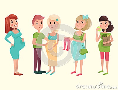 Pregnancy motherhood people expectation concept happy pregnant woman character life with big belly vector illustration Vector Illustration