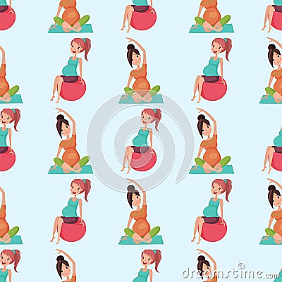 Pregnancy motherhood yoga pregnant woman seamless pattern character life with big belly vector illustration Vector Illustration