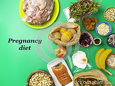 Pregnancy and nutrition, pregnant women healthy food diet, rich in iron, calcium, protein, vitamin, minerals, folic acid vitamin Stock Photo