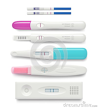 Pregnancy test. Female negative or positive test good ovulation feminine healthcare vector realistic pictures Vector Illustration