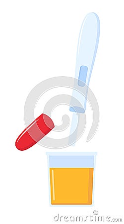 Pregnancy test and urine in plastic jar. Guide to the use of a pregnancy test. Vector illustration Vector Illustration