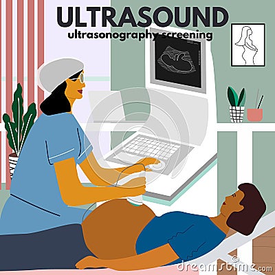 Pregnancy ultrasound concept poster. Doctor or gynecologist monitoring a pregnant woman at ultrasonography procedure at clinic. Vector Illustration