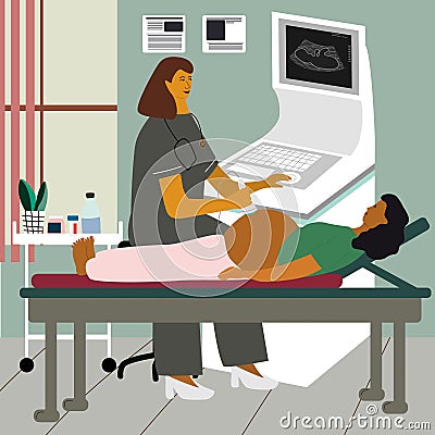 Pregnancy ultrasound examination. Doctor or gynecologist monitoring a pregnant woman at ultrasonography procedure at clinic. Vector Illustration