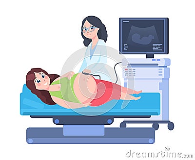 Pregnancy ultrasound scan. Woman at gynecology abdomen examination, cartoon doctor examine pregnant woman. Vector Vector Illustration