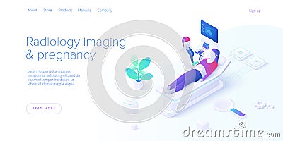 Pregnancy ultrasound screening in isometric vector design. Radiology imaging scan procedure with pfemale doctor and patient. Vector Illustration