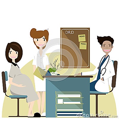 Pregnancy woman visiting doctor in clinic, expectant parents,vector illustration Vector Illustration