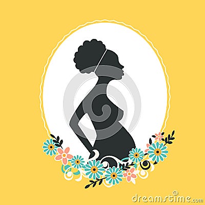 Pregnant african woman vector silhouettte in spring flower background Vector Illustration