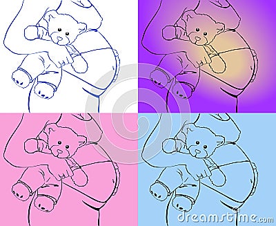 Pregnant belly hand holds a teddy bear Vector Illustration