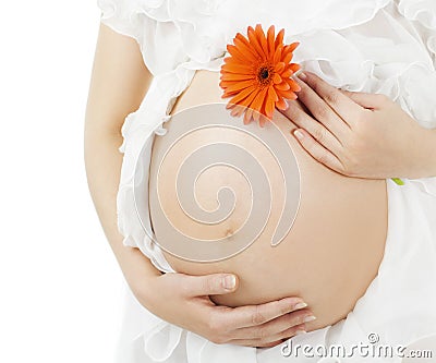 Pregnant belly, pregnancy woman stomach with flower Stock Photo