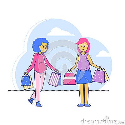 Pregnant best friend walk shopping centre, late gestation period, line woman character hold bag with child clothes Vector Illustration