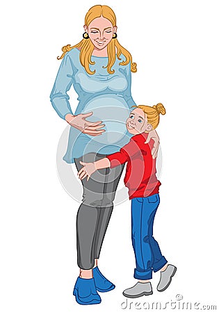 Pregnant blonde woman with her little girl kid. Happy family Vector Illustration