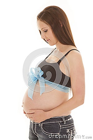 Pregnant blue ribbon hold belly Stock Photo