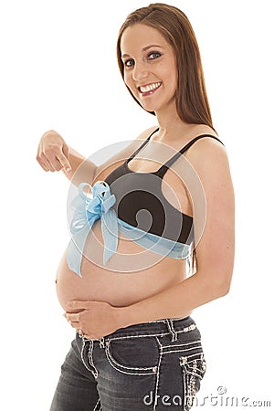 Pregnant blue ribbon point at belly Stock Photo