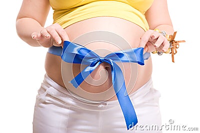Pregnant with blue stripe and bowknot on white Stock Photo