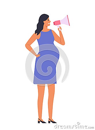 Pregnant brunette woman talking into megaphone. loudspeaker in her hands. Female character isolated on white background.Vector Vector Illustration