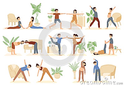 Pregnant characters with partners, yoga practicing family class. Happy couples doing yoga asanas, sports prenatal Vector Illustration