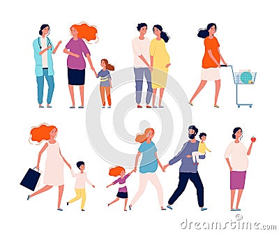 Pregnant characters. Woman happy mother couple healthy baby family doctor consulting pregnancy parents vector pictures Vector Illustration