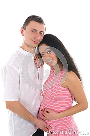 Pregnant couple Caucasoid father, mother asian Stock Photo