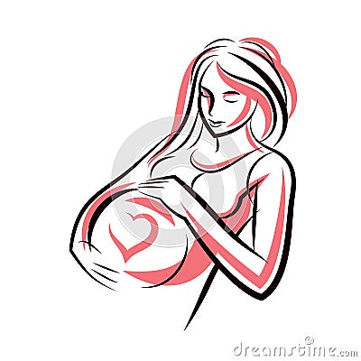 Pregnant elegant woman expects baby, hand-drawn vector illustration composed by heart shape frame. Love and fondle theme. Mothers Vector Illustration