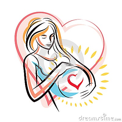 Pregnant elegant woman expects baby, hand-drawn vector illustration composed by heart shape frame. Love and fondle theme. Mothers Vector Illustration